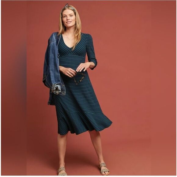 ANTHROPOLOGIE MAEVE Flores Blue Green Ribbed Striped Midi Dress Medium - Picture 1 of 15
